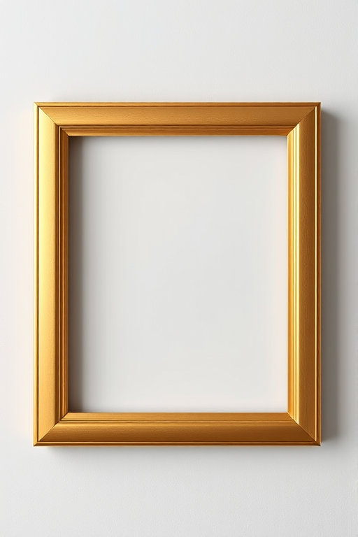 Create a high-resolution image of a square gold frame with a smooth finish and soft lighting, using a Canon EOS R5 camera with a 50mm lens, aperture set to f/1.8, ISO 100, and a shallow depth of field to enhance details and create a blurred background.