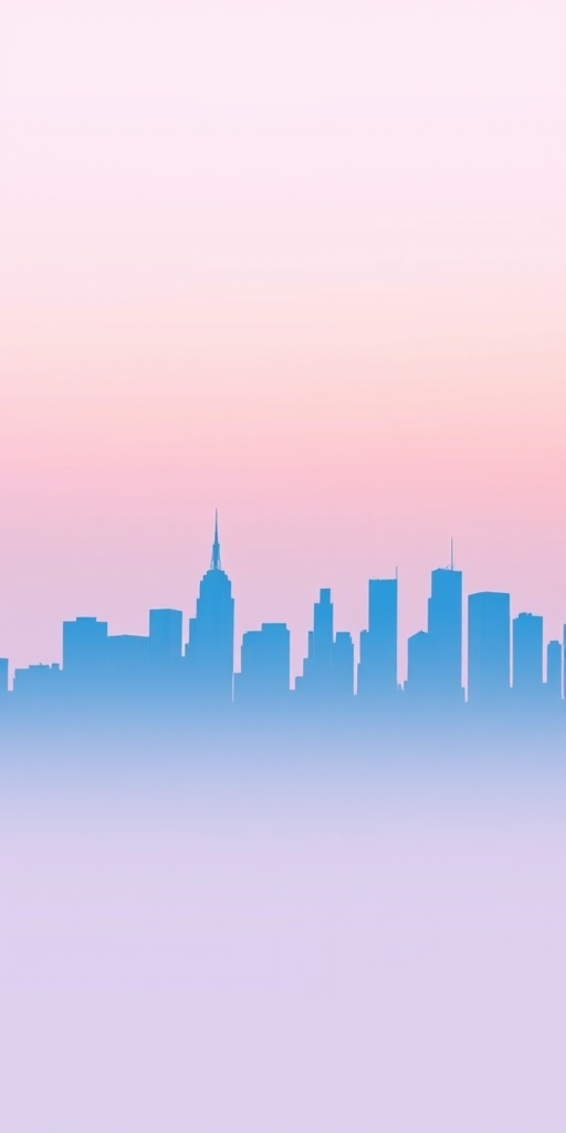 generate an image of a city skyline during sunset with a gradient sky transitioning from soft pink to light blue, include silhouetted buildings of various heights and shapes in shades of blue, set the camera type to DSLR, camera settings: f/8, ISO 200, shutter speed 1/125s, capture a panoramic view with a wide-angle lens to enhance image quality.