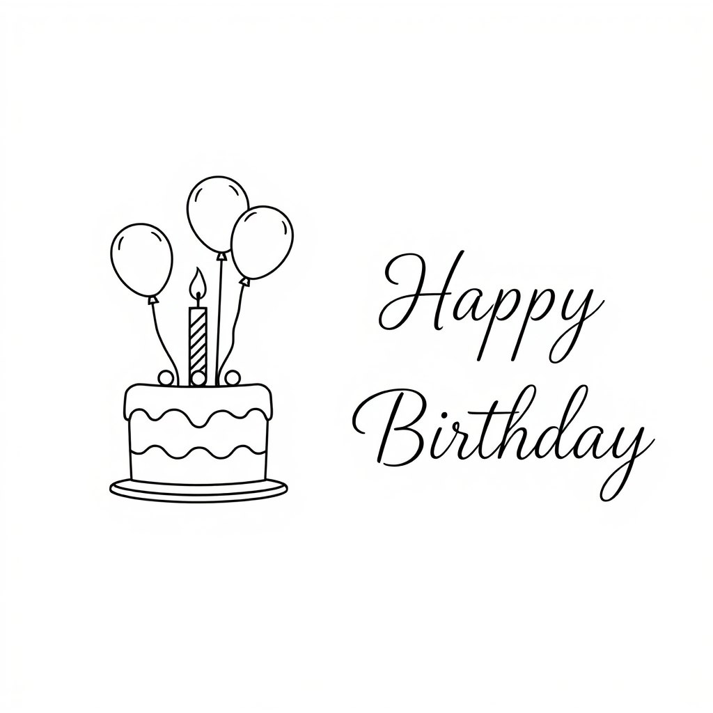 Create a simple line drawing of a birthday scene featuring a cake with a candle and three balloons on the left side with the text Happy Birthday elegantly styled on the right side against a plain white background.