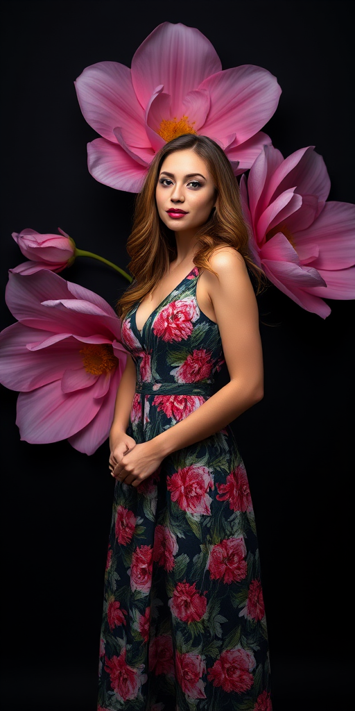 portrait of a woman in a floral dress standing against a dark background with large pink flowers, soft lighting for a glamorous effect, focal length 85mm, aperture f/1.8, ISO 100, shot with a DSLR camera in a studio setting, shallow depth of field to enhance subject clarity