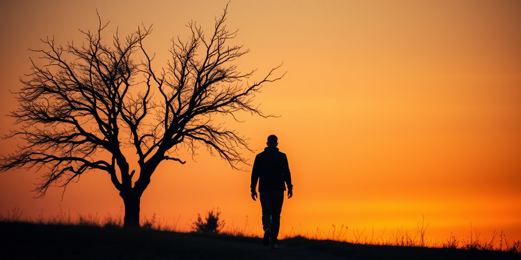 Create an ethereal landscape featuring a silhouetted figure walking away from a bare tree, with a soft gradient sky in warm tones, using a DSLR camera, 50mm lens, f/1.8 aperture, ISO 100, with a shallow depth of field to enhance the foreground and background blur.