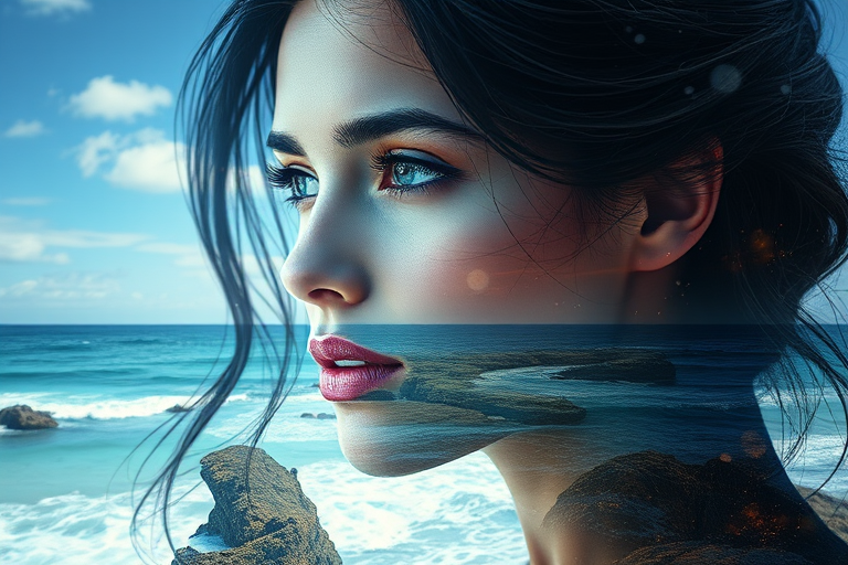 create Book cover, A surreal double exposure portrait that blends a woman's face with a beautiful seascape. The overall mood is dreamy and mystical, with rich colors and intricate details