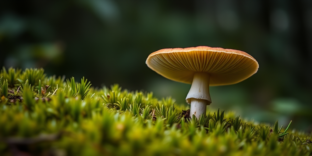 A close-up shot of a mushroom growing on moss in a forest, taken with a DSLR camera using a 50mm lens at f/1.8, ISO 200, shutter speed of 1/200 sec, natural lighting, with a shallow depth of field to highlight the mushroom against a blurred dark background.