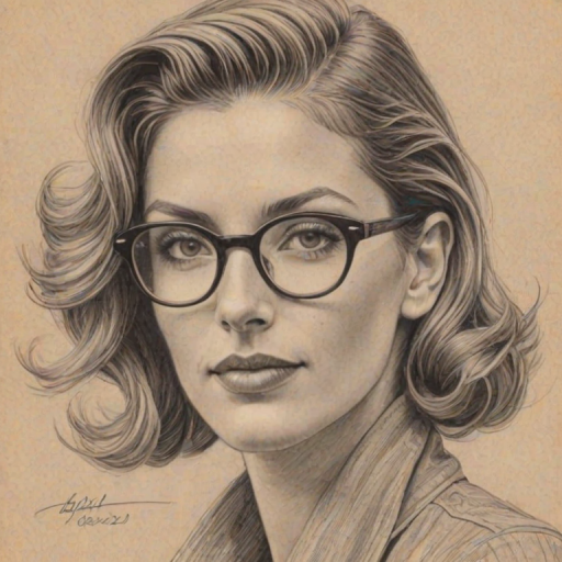 Magnificent Dawn Olivieri, pencil sketch, portrait of Delightful woman 1938s in glasses, hair style beatnik, outline, clear lines, fine lines, 8k