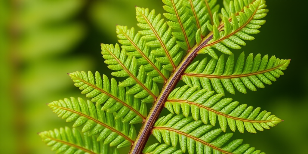 Regenerate an image of a detailed, vibrant green fern leaf with a brown stem, captured in high resolution using a DSLR camera, 50mm lens, f/2.8 aperture, 1/200s shutter speed, natural light, macro view to enhance texture and detail.