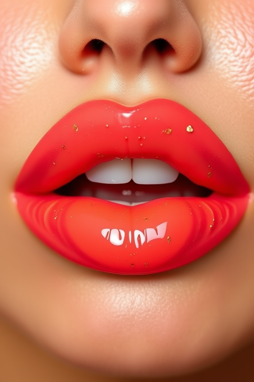 Vibrant coral sunset lips with a glossy finish, featuring a subtle ombre effect and flecks of gold, known as "Tropical Paradise Pout"