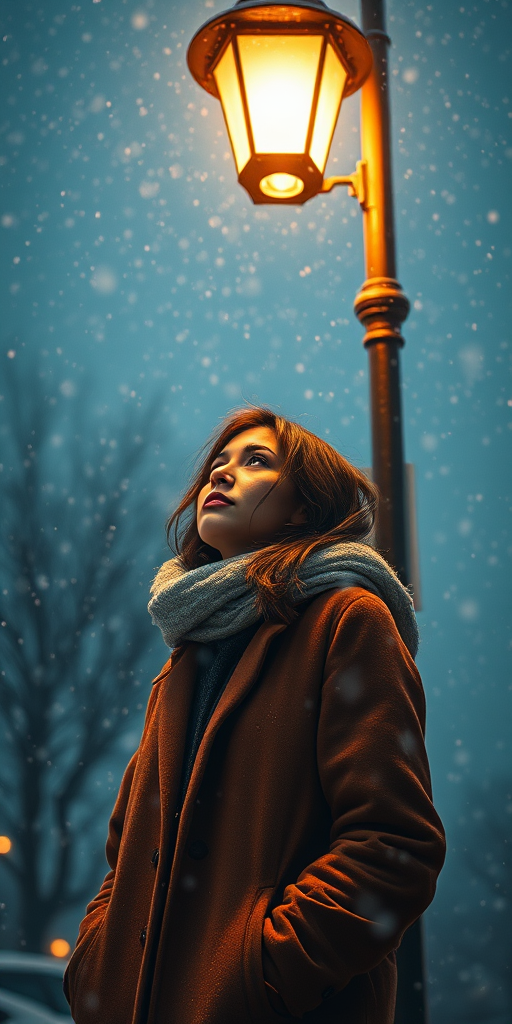 Create a high-resolution digital illustration of a woman standing under a streetlight in a snowstorm, with soft lighting and a warm glow from the lamp, using a Canon EOS R5, 50mm lens, f/1.8 aperture, ISO 100, captured at dusk for enhanced depth and clarity.