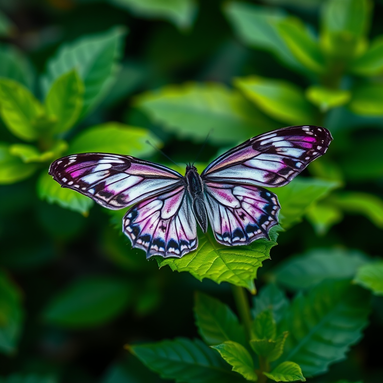 Create an image of a butterfly resting on a vibrant green leaf surrounded by lush foliage. The butterfly should have intricate patterns on its wings, showcasing shades of purple and white, with detailed markings. The background should feature a soft blur of green leaves to emphasize the butterfly's delicate beauty.