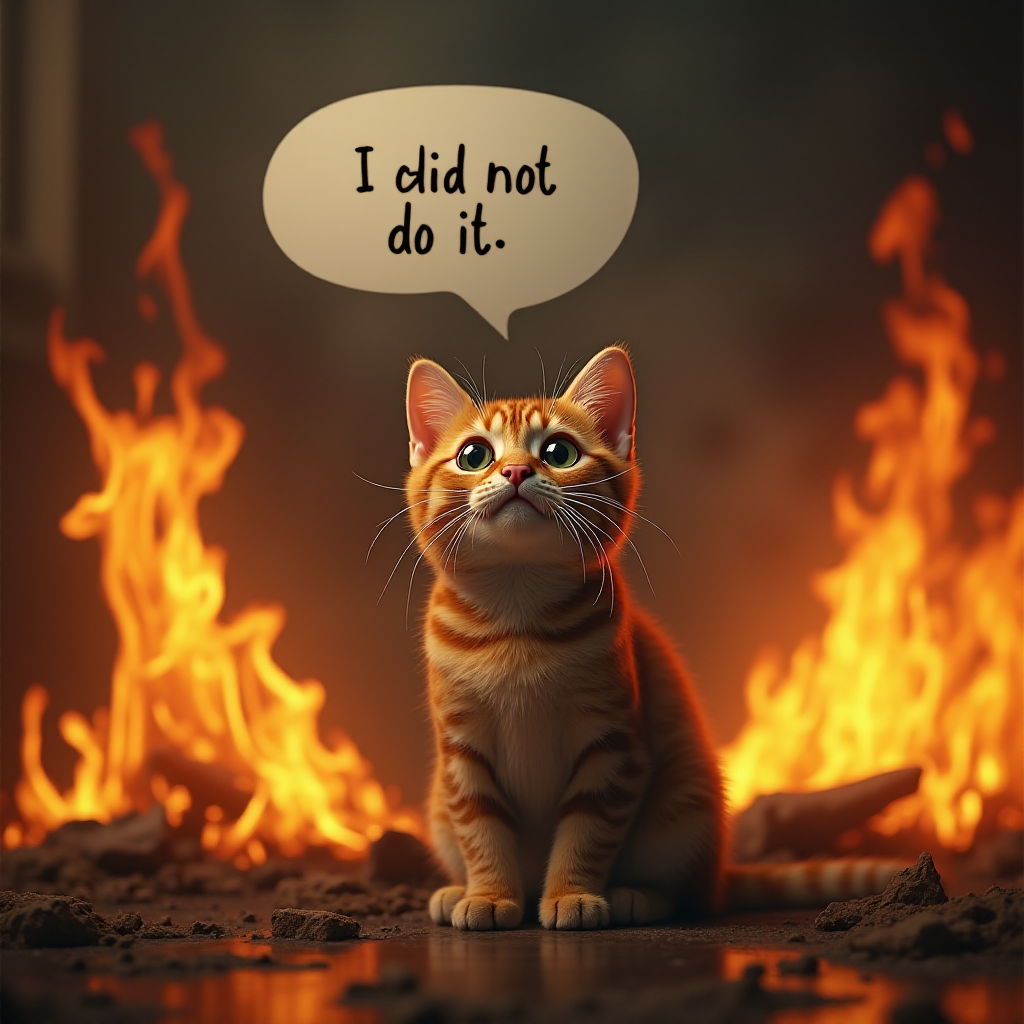 Photorealistic image of an innocent-looking cat sitting calmly in the middle of a burning room. Flames engulf the room, with fire licking up the walls and smoke filling the air. The cat is sitting on the floor, looking directly at the viewer with wide, innocent eyes. Above the cat, a speech bubble says "I did not do it" The contrast between the cat's calm demeanor and the chaos around it creates a humorous and surreal scene.