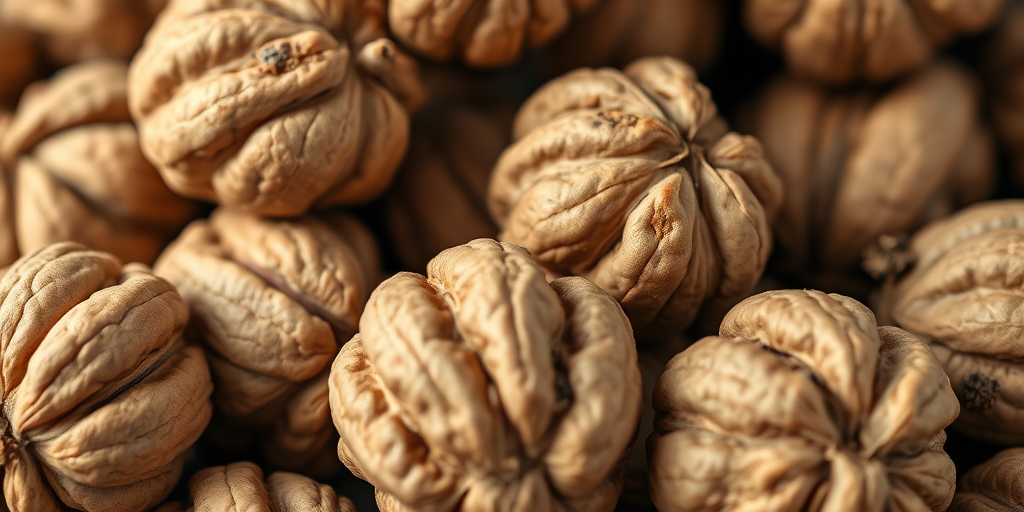 high-resolution close-up of walnuts piled together, soft natural lighting, aperture f/2.8, shutter speed 1/60s, ISO 100, DSLR camera, macro lens, focus on texture details