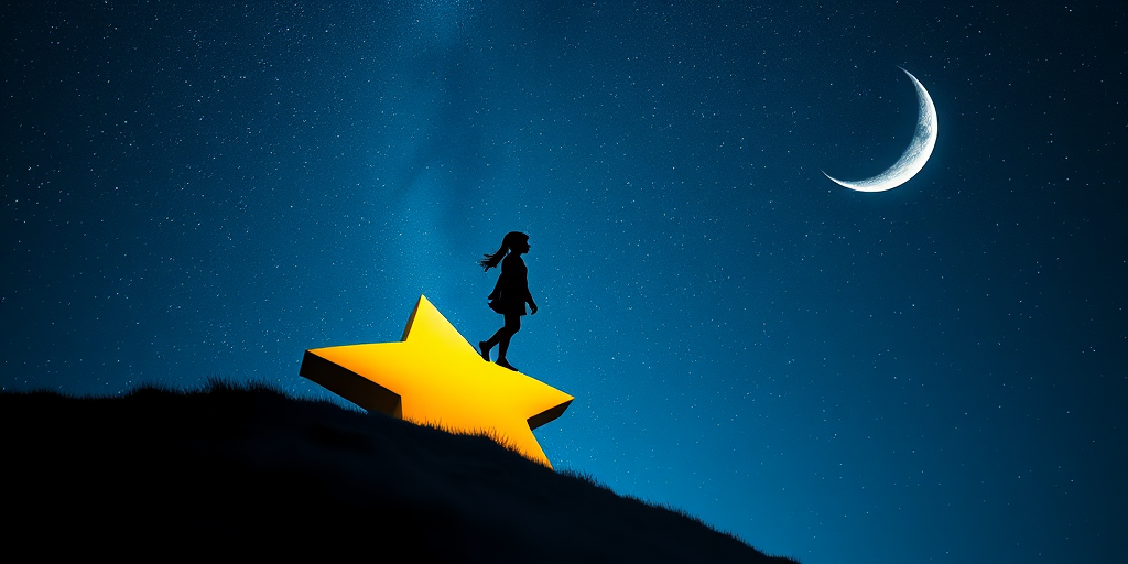 A whimsical scene of a silhouette of a girl standing on a large yellow star under a night sky filled with sparkling stars and a crescent moon, captured with a Canon EOS R5, 50mm lens at f/1.8, ISO 100, shot in a dreamy soft-focus style with a wide aperture for a magical atmosphere.