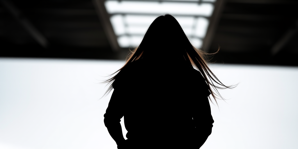 Generate a high-quality image of a black silhouette of a person with long hair, standing in a confident pose, taken with a DSLR camera at f/2.8 aperture, ISO 100, 50mm lens, natural lighting, preferred angle at eye level.
