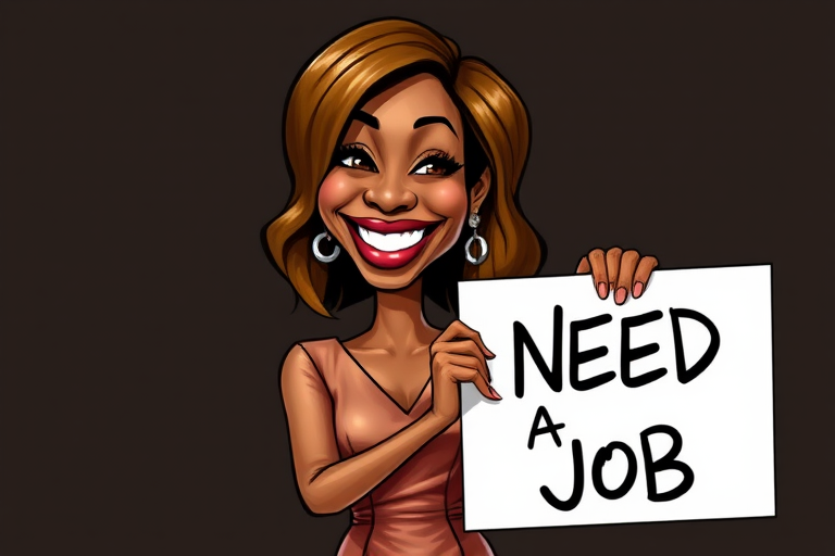 caricature of a smiling Michelle Williams in a Bronze dress or suit, holding up a sign that says "NEED A JOB", no watermark,