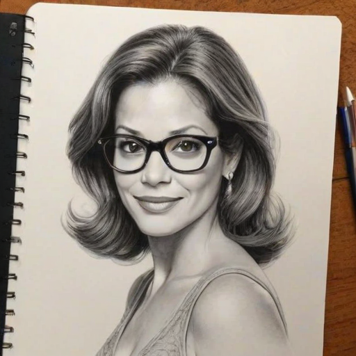 Lovely Constance Marie, pencil sketch, portrait of Enchanting woman 1980s in glasses, hair style beatnik, outline, clear lines, fine lines, 8k