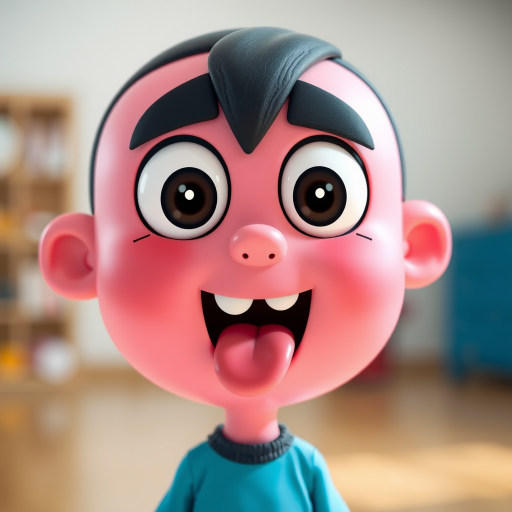Generate a cartoon character with a large pink face, big white eyes with dark pupils, an open mouth showing a tongue, and expressive eyebrows, shot with a DSLR camera using a 50mm lens at f/1.8 for a shallow depth of field, in bright lighting with a vibrant color palette, focusing on a smooth, clean background.