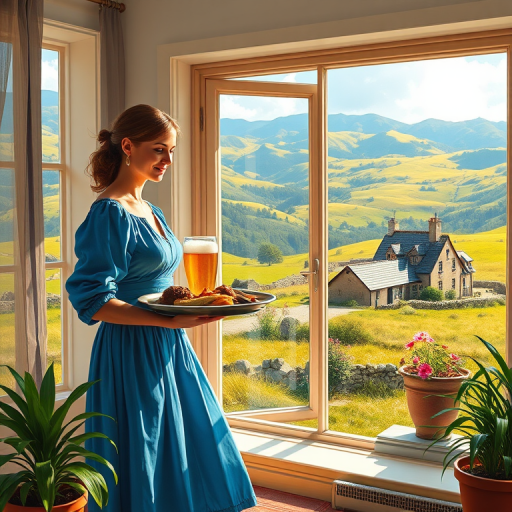 In "A Glass of Beer on the Highland," a serene scene is depicted in a sunlit room where a woman in a vibrant blue dress stands by a large window. She holds a tray with a hearty meal and a frothy glass of beer, embodying a moment of relaxation. Outside, the breathtaking highland landscape features rolling green hills and a charming traditional house, all bathed in warm afternoon light. The interior is adorned with potted plants, creating a harmonious blend of comfort and nature. The painting beautifully captures the tranquility and joy found in simple pleasures amidst stunning scenery