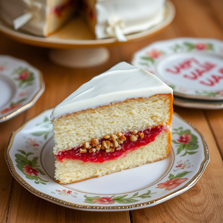 A slice of white cake on a decorative plate with a layer of red filling and crushed nuts in the middle, topped with white frosting, set against a wooden background with additional plates in the background.