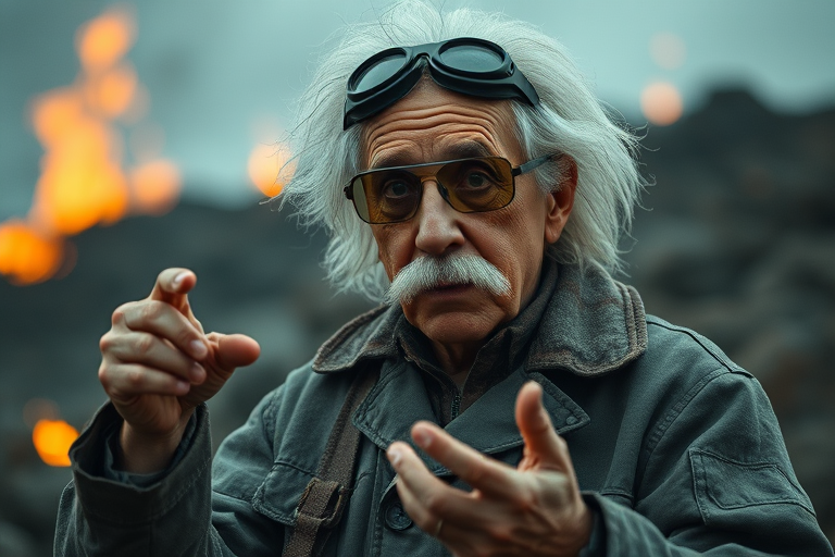 (cinematic, full body shot, professor einstein lecturing,  realistic skin, natural features, Phantom High Speed Camera, style raw) ,looking to the viewers, mudapocalyptic, goggles, fire.