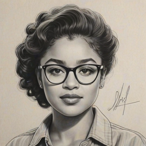 Charming Aisha Dee, pencil sketch, portrait of Attractive woman 1953s in glasses, hair style beatnik, outline, clear lines, fine lines, 8k