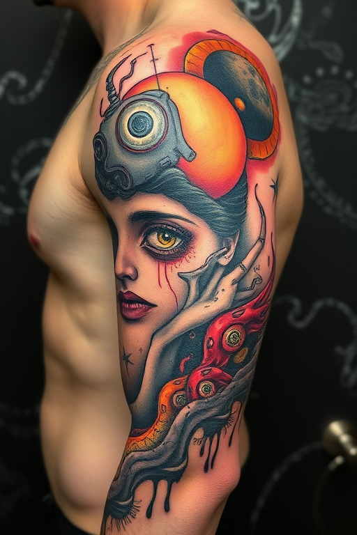 Surrealist tattoo named "Dreamscape Fusion" blending bizarre imagery and distorted proportions with a mix of color and black ink creating a thought-provoking and visually striking piece