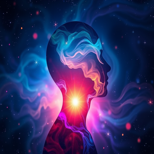 Create an ethereal, vibrant abstract silhouette of a human head against a cosmic background filled with swirling colors, light bursts, and sparkling stars, using a Canon EOS R5 with a 50mm f/1.2 lens, aperture f/2.8, ISO 100, and a soft focus effect to enhance depth and richness.