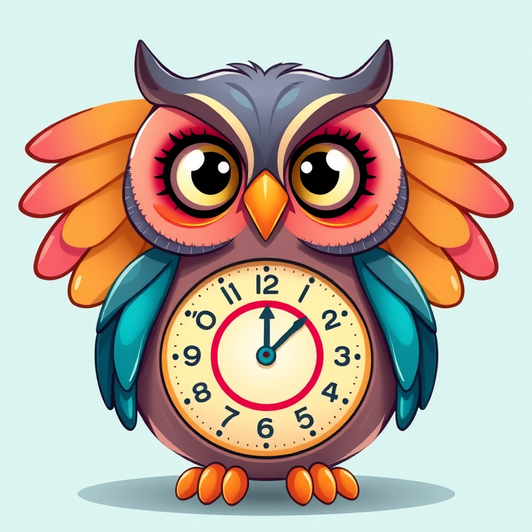 Create a whimsical illustration of a cartoon owl with a clock in its belly, vibrant colors, 4k resolution, 50mm lens, f/2.8 aperture, ISO 100, soft diffused lighting, front view, digital art style.