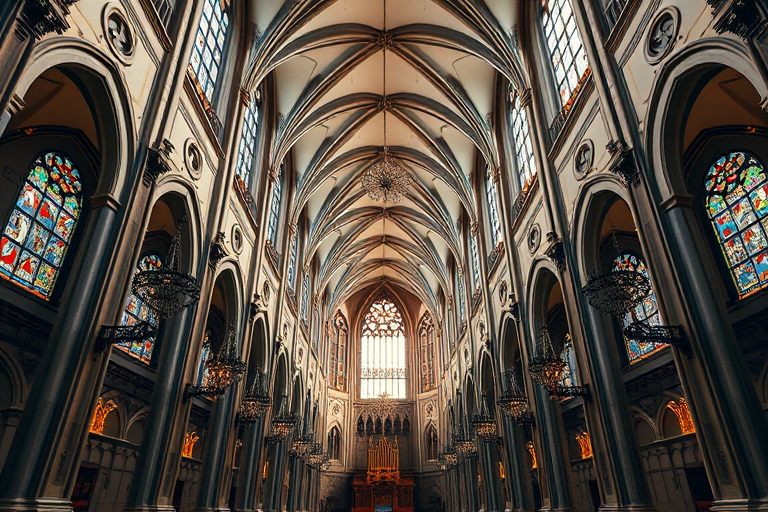 interior of a grand cathedral with high vaulted ceilings, ornate chandeliers, and stained glass windows, shot with a Canon EOS R5, 24mm lens, f/8 aperture, ISO 100, low angle view, soft natural lighting, high dynamic range imaging