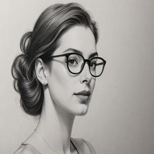 Graceful Anne Hathaway, pencil sketch, portrait of Elegant woman 1977s in glasses, hair style beatnik, outline, clear lines, fine lines, 8k