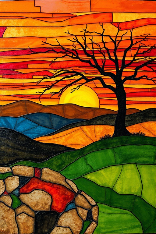A vibrant abstract painting on Tiffany Glass, blending acrylic and alcohol ink techniques, captures a dramatic sunset over rolling hills. The artwork features a textured, rocky foreground in green and brown, layered abstract hills, and a striking sunset in rich oranges, yellows, and reds. A solitary black tree with intricate branches contrasts against the fiery sky, creating a dynamic and expressive portrayal of a breathtaking natural scene.