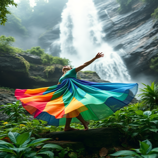 a graceful dancer in a vibrant multicolored dress twirling amidst lush greenery with a majestic waterfall in the background, shot with a Canon EOS 5D Mark IV, aperture f/4, ISO 100, shutter speed 1/200s, using a wide-angle lens at a low angle to capture the movement and beauty of nature.