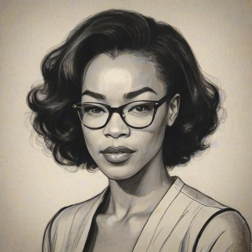 Beauteous Sonequa Martin-Green, pencil sketch, portrait of Bewitching woman 1962s in glasses, hair style beatnik, outline, clear lines, fine lines, 8k