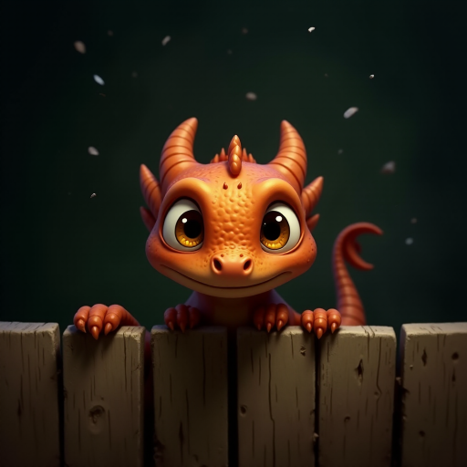A small, scruffy cartoon-like dragon peers over a wooden fence with wide, expressive amber eyes, giving it an endearing look. The dark, muted background with streaks of faded color adds to the atmosphere of vulnerability and longing. The dragon's oversized eyes, full of emotion, draw the viewer in, evoking a sense of empathy and tenderness. Flecks of light and small bits of debris gently float through the scene, creating a soft, melancholic mood as the dragon waits patiently for comfort.