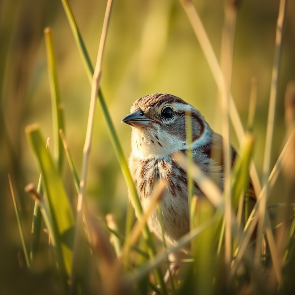 A close-up shot of a sparrow peeking through tall grass in soft daylight, using a DSLR camera with a 50mm lens, aperture f/2.8 for shallow depth of field, ISO 200, and a shutter speed of 1/1000 seconds to capture sharp details.
