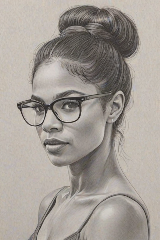 Sublime Misty Copeland, pencil sketch, portrait of Wonderful woman 1937s in glasses, hair style beatnik, outline, clear lines, fine lines, 8k