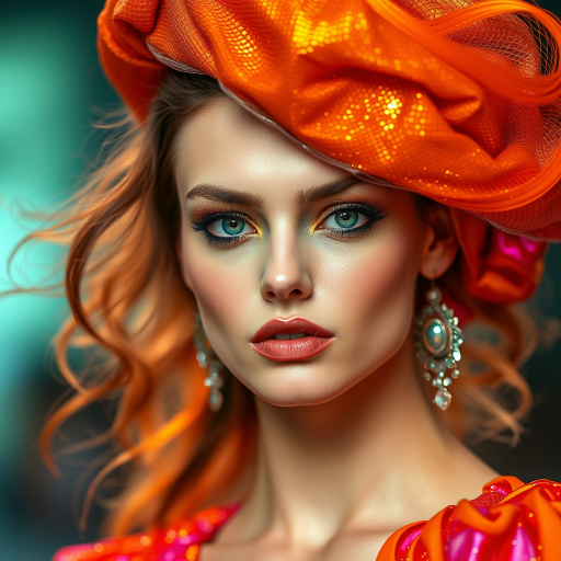 Runway capture, a beautiful model, vibrant colors, metallic textures, high fashion editorial , a 100mm macro lens to get extreme close-ups of intricate details like fabric stitching, accessories, or makeup artistry