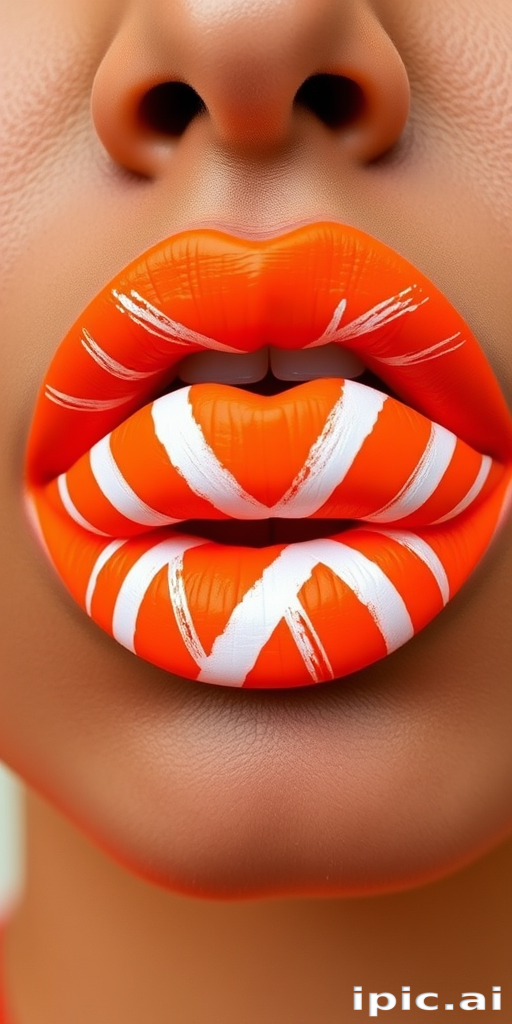 Neon orange lips with abstract geometric patterns in white, dubbed "Citrus Surge," create a bold and energetic look with a semi-matte finish for summer street style