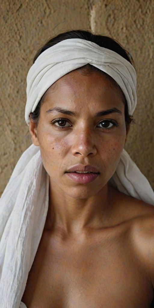 Create a close-up photographic image of a Aboriginal Australian woman with light skin tones shown against an old, worn wall. Their head is wrapped in a white cloth covering (i.e.... parts of the head except the nose and mouth, which are open as if they are screaming...), with a slight texture and visible folds in the fabric. Thin strands of blonde hair escape from the wrapping above, falling lightly at the top and sides. Their hands hold the fabric as if they are tugging nervously. The lighting is dramatic and even, casting strong shadows. The image has a minimalist and surreal style with an emphasis on simplicity with soft color tones. The composition is centered.