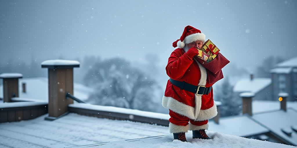Create a high-resolution image of Santa Claus standing on a snowy rooftop with a large red sack filled with presents, surrounded by gently falling snowflakes, using a Canon EOS 5D Mark IV camera, 50mm lens, f/2.8 aperture, ISO 100, and soft daylight lighting for a warm holiday atmosphere.