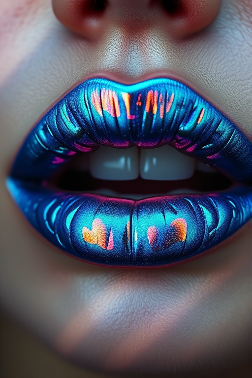 Breathtaking portrait of iridescent peacock blue lips with multidimensional shimmer, showcasing unique color-shifting properties in various angles
