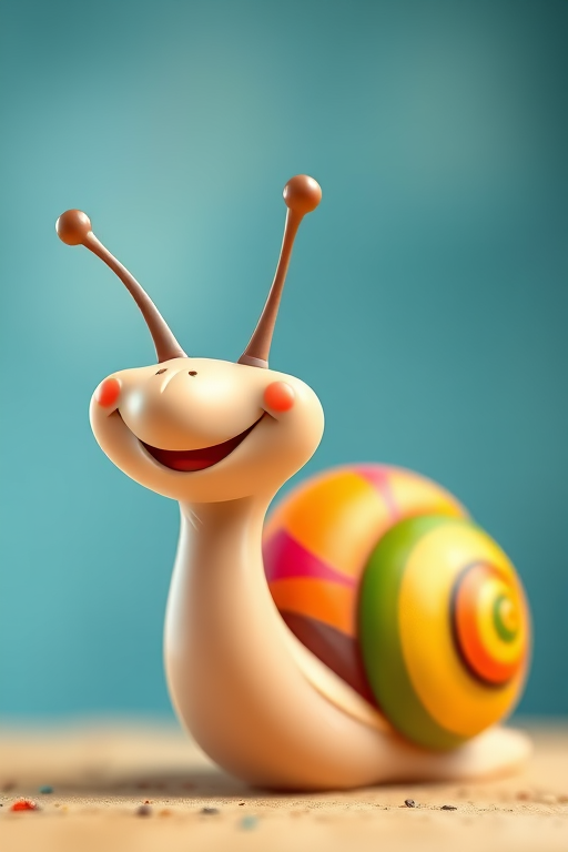 Create a vibrant cartoon-style image of a cheerful snail with a colorful shell, captured in high resolution using a DSLR camera with a 50mm lens, f/2.8 aperture, ISO 100, and a soft-focus background.