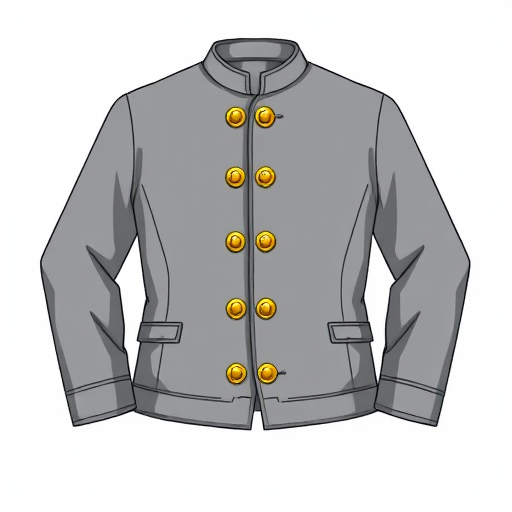 Create a high-resolution illustration of a grey traditional jacket with golden buttons, front view, using a digital art style, 300 DPI, soft lighting, and a clean background.