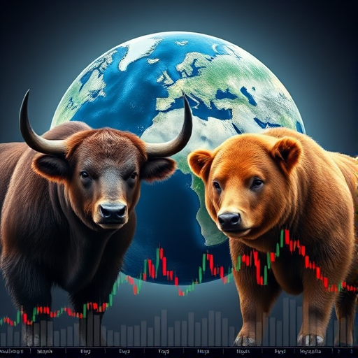 Create a high-resolution digital illustration of a bull and bear in front of a globe, with a stock market trend line and candlestick chart in the foreground, using a Canon EOS R5 with a 24-70mm f/2.8 lens, f/8 aperture, ISO 100, and a 1/125s shutter speed, focusing from a slight aerial perspective to enhance depth and detail.