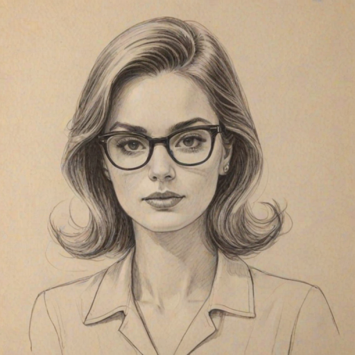 Alluring Leila George, pencil sketch, portrait of Comely woman 1962s in glasses, hair style beatnik, outline, clear lines, fine lines, 8k
