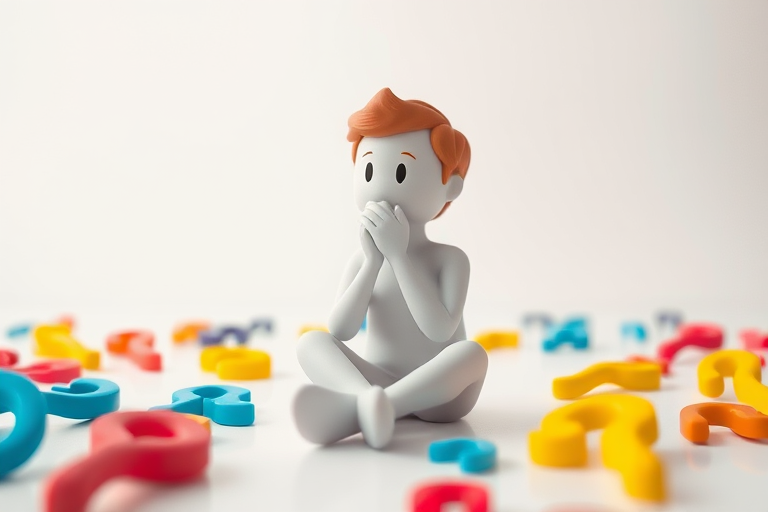 Create an image of a 3D figure sitting on the ground with a thoughtful expression surrounded by colorful question marks in a bright, minimalist environment, captured with a Canon EOS R5 at f/2.8, ISO 100, 1/125 sec, in a soft focus style.