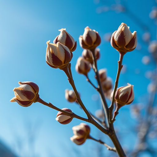 Capture a close-up image of dried flower buds on branches against a sunny blue sky with a DSLR camera set to f/2.8 aperture, ISO 100, 1/250s shutter speed, and a 50mm lens to bring out details and enhance image quality.