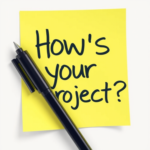 Yellow post-it note, hand written in black pen text "How's your project??", 3d, hd, hyper realistic,