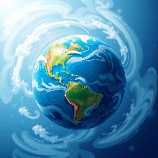 Create a high-resolution digital illustration of a stylized planet resembling Earth with vivid blue oceans and swirling white clouds, captured with a DSLR camera at 50mm focal length, f/8 aperture, ISO 100, in a wide-angle view to enhance depth, with a soft focus effect for a dreamy atmosphere.