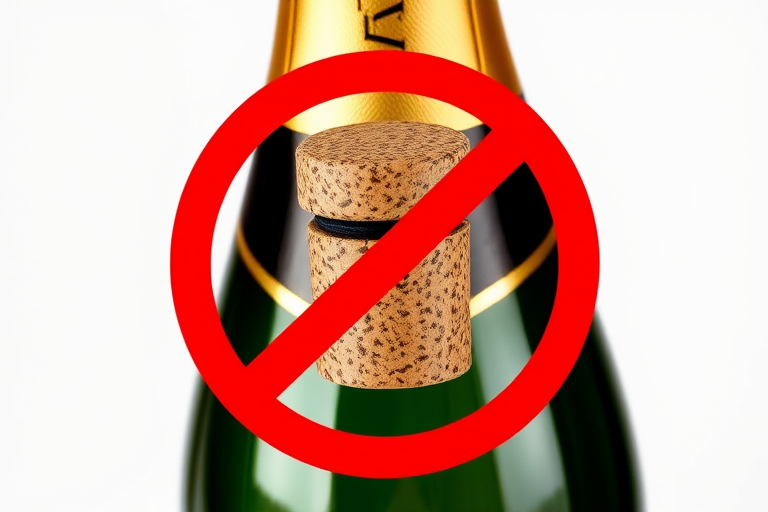 Generate an image of a champagne bottle with a cork, surrounded by a bold red prohibition circle, using a DSLR camera, 50mm lens, f/2.8 aperture, ISO 100, 1/125 sec shutter speed, with high contrast and vibrant colors.
