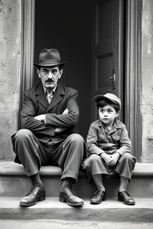 A black-and-white photograph of a man and a child sitting on steps in front of a doorway. The man is dressed as a tramp with a bowler hat, mustache, and ragged clothes, reminiscent of Charlie Chaplin's iconic look. He is sitting with his arms crossed and an expression of slight sadness or frustration. Next to him is a young boy, also in worn clothes and a cap, sitting with his hands clasped, looking thoughtful. The background is an old, textured wall and a partially open door, creating a vintage, early 20th-century atmosphere.