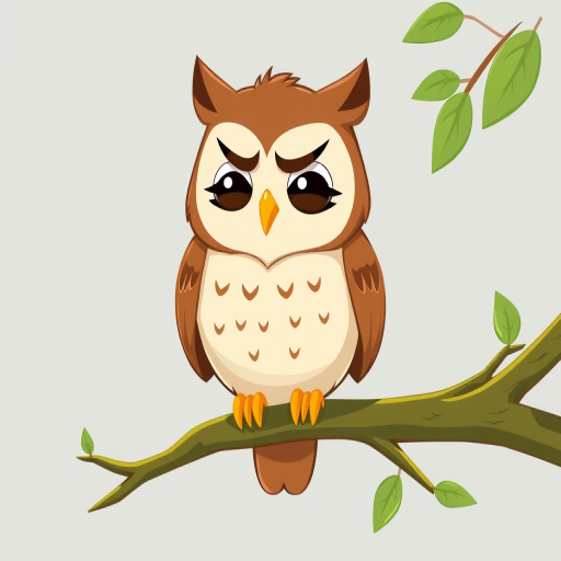create a cartoon-style illustration of an owl sitting on a green branch with a frustrated expression, use a high-resolution setting at 300 DPI, capture with a 50mm lens, aperture f/2.8, and a slight vignette effect to enhance color saturation and sharpness.